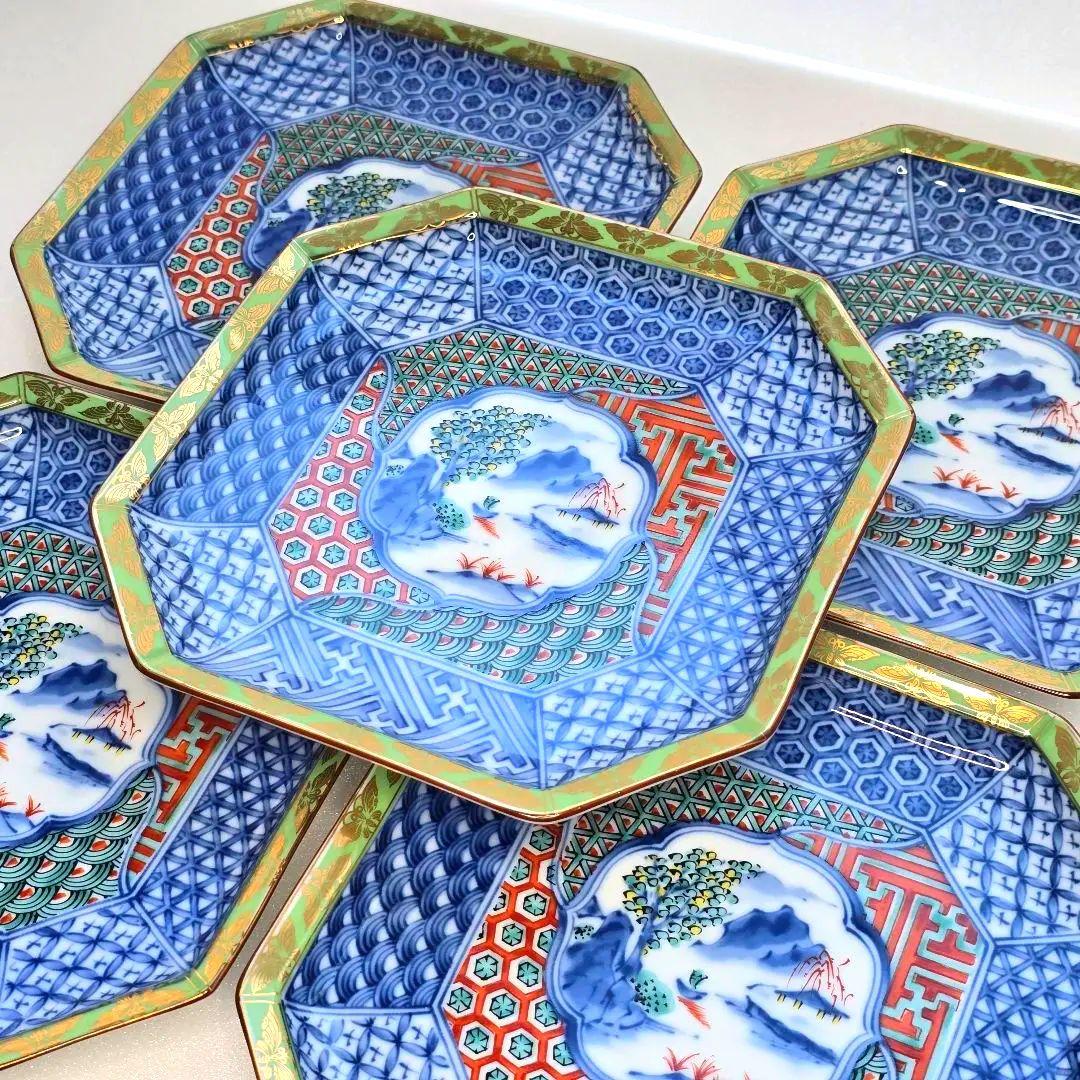 龍峰窯 龍峯窯 緑彩 金欄手 八角皿 中皿 5枚 色絵山水 染付 取り皿