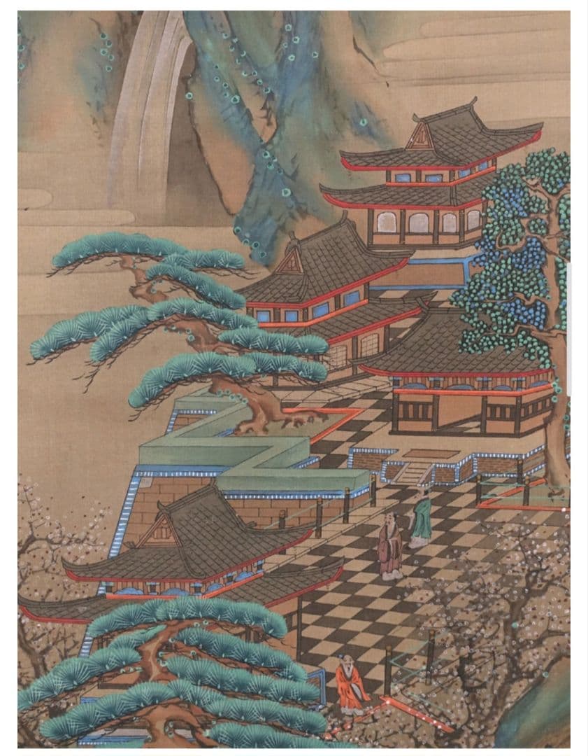 土佐光起 真筆 慶應三年以降の作 絹本 着色楼閣山水図 双幅 徳川家葵御紋表