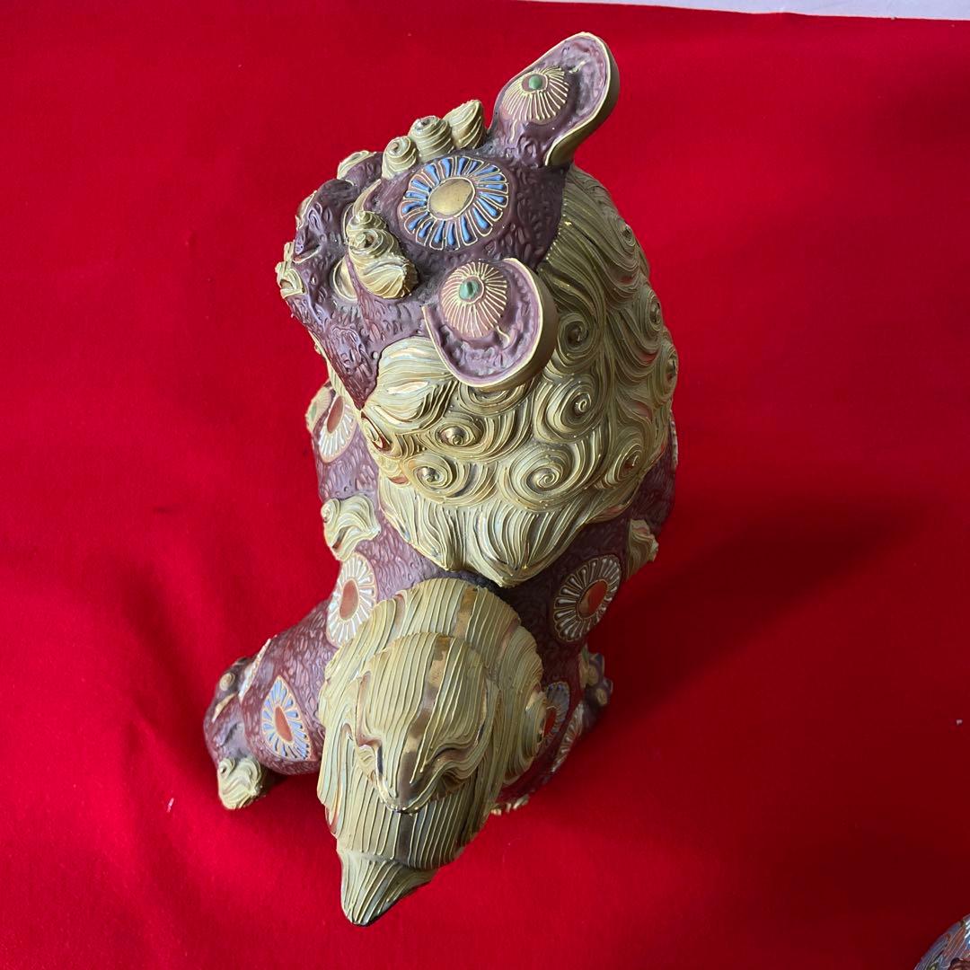 九谷焼 玉獅子 一対 レッド×ゴールド 魔除け 置物　e1158-A