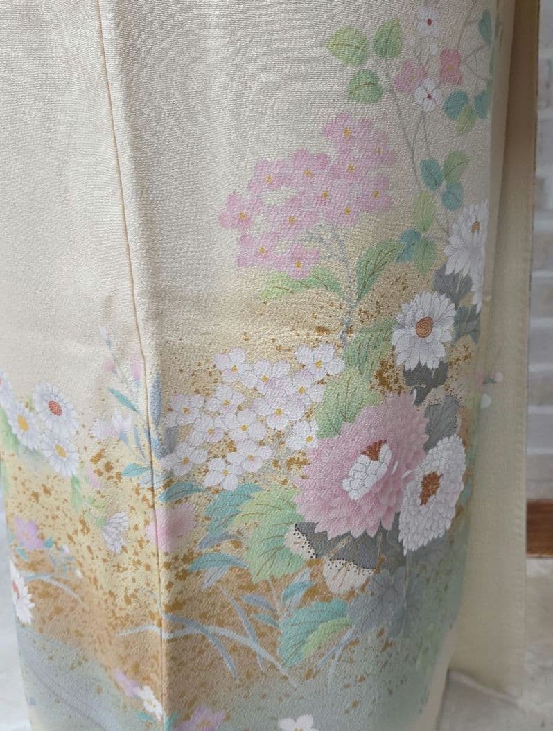 訪問着 クリーム系4点フルセット、着物、袋帯、帯締め、帯揚げ