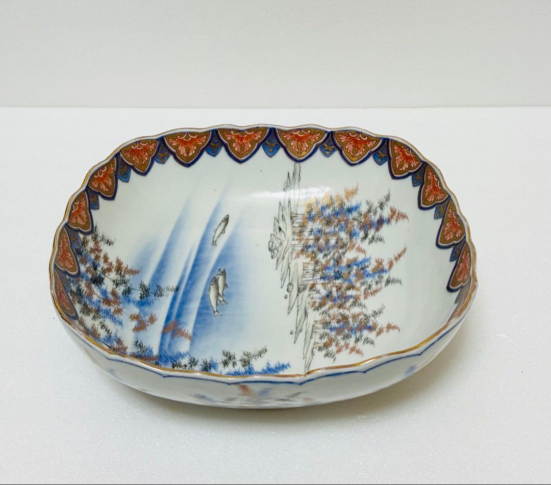 31日掲載終了 明治 香蘭社 有田焼 オールド香蘭社 色絵竹林鮎文 大鉢