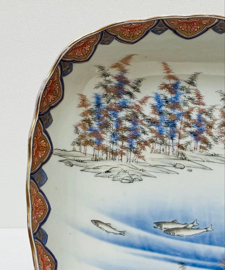 31日掲載終了 明治 香蘭社 有田焼 オールド香蘭社 色絵竹林鮎文 大鉢