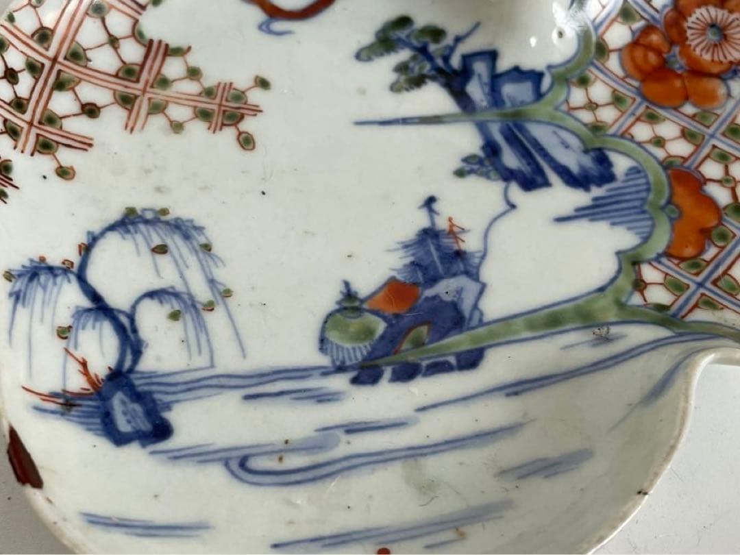 #2 骨董　アンティーク　色絵古九谷　色絵山水文瓢形向付　変形皿　古九谷