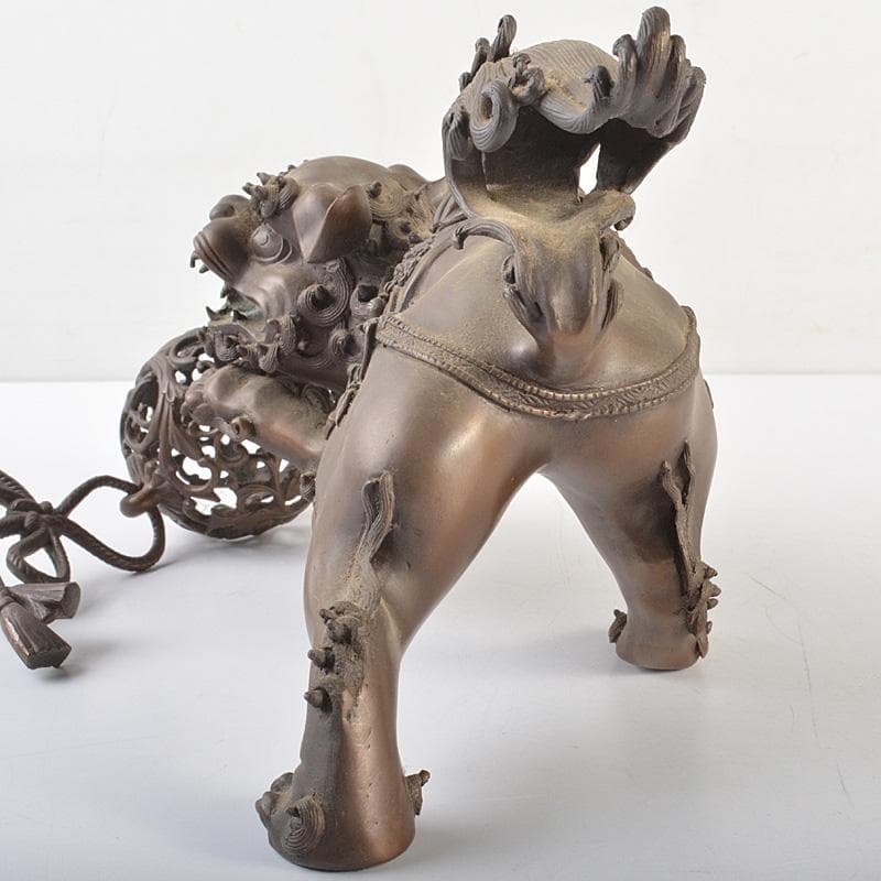 中国　古銅宣徳銅　玉乗り獅子　香炉　置物　Y　R7427