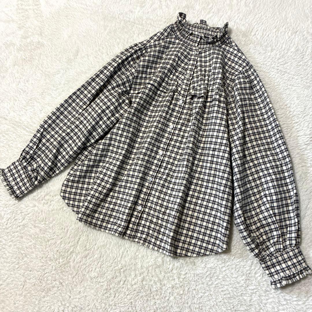 HUG O WAR ハグオーワー　チェックフリルシャツ　アイボリー×ブラック