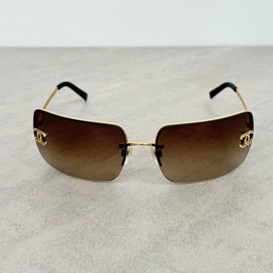 美品 CHANEL サングラス リムレス 4092-D ブラウン ラインストーン