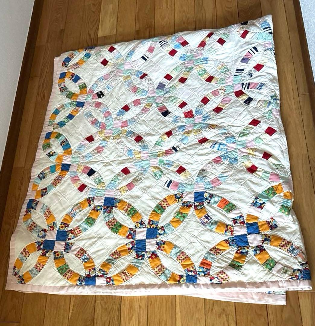 【稀少】アメリカンアンティークキルト⭐︎ダブルウエディング　 約190×208cm
