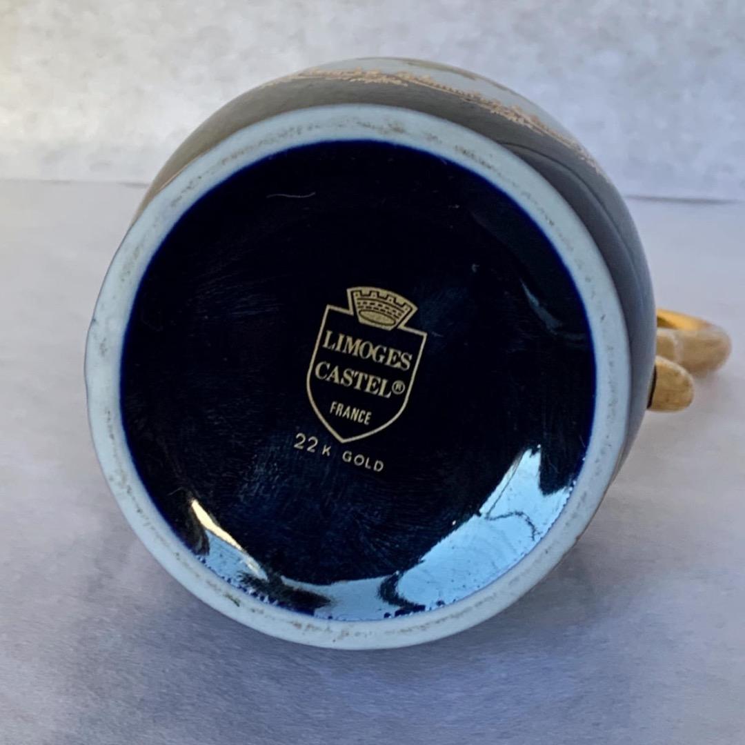 ヴィンテージ フランス リモージュ磁器 ブルー花瓶 ピッチャー、22K ゴールド