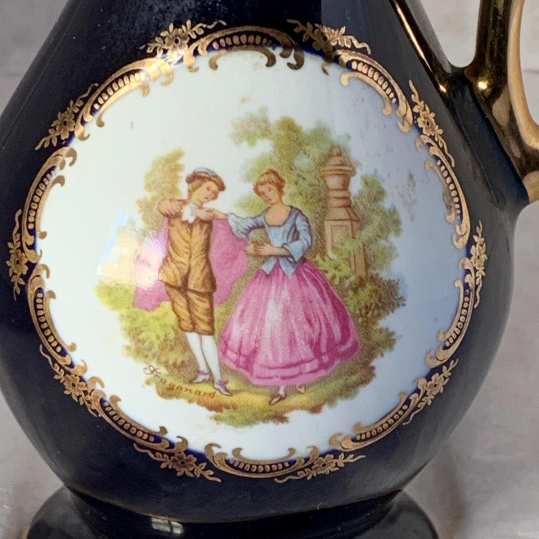 ヴィンテージ フランス リモージュ磁器 ブルー花瓶 ピッチャー、22K ゴールド