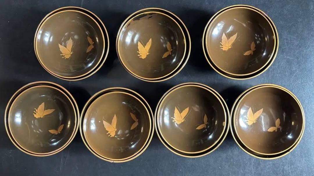アンティーク品　漆器椀　時代物　 京塗り7客セット 金色の菊花7種類の模様