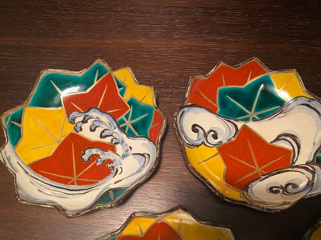 乾山写呉須入り竜田川文向付5種5色絵がわり 5客　清水焼　京器　懐石向付