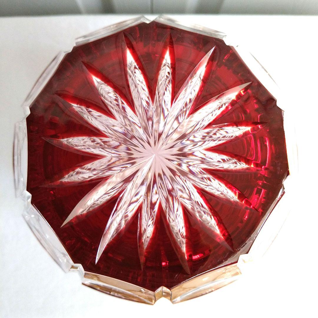 AjkaCrystal アイカクリスタル　色被せ　切子　レッド　赤　花瓶　大