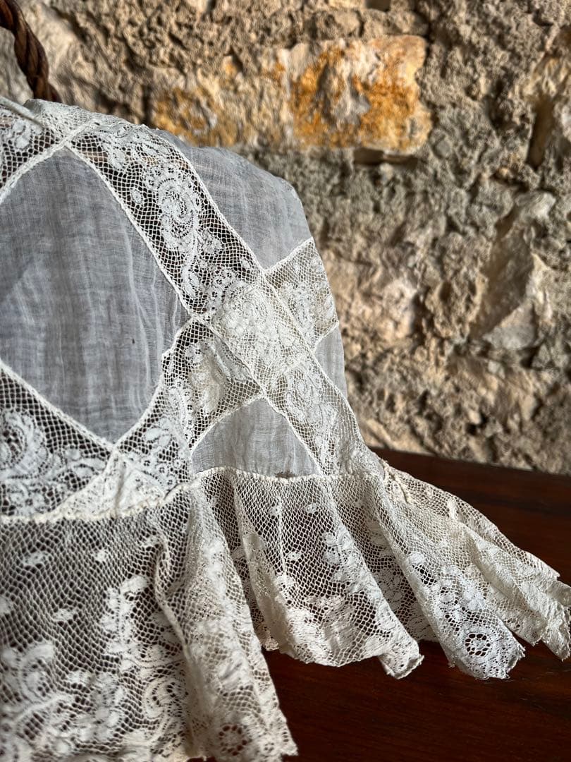 ◆フランスアンティーク｜お宝級1900年代エクリュレースのマルチクロス透け感シミ