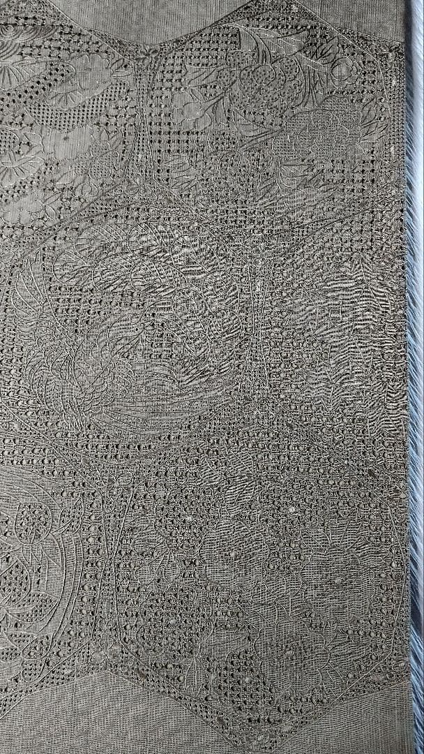 袋帯　スワトウ刺繍　紬地　正倉院花唐草文様　モスグリーン無地