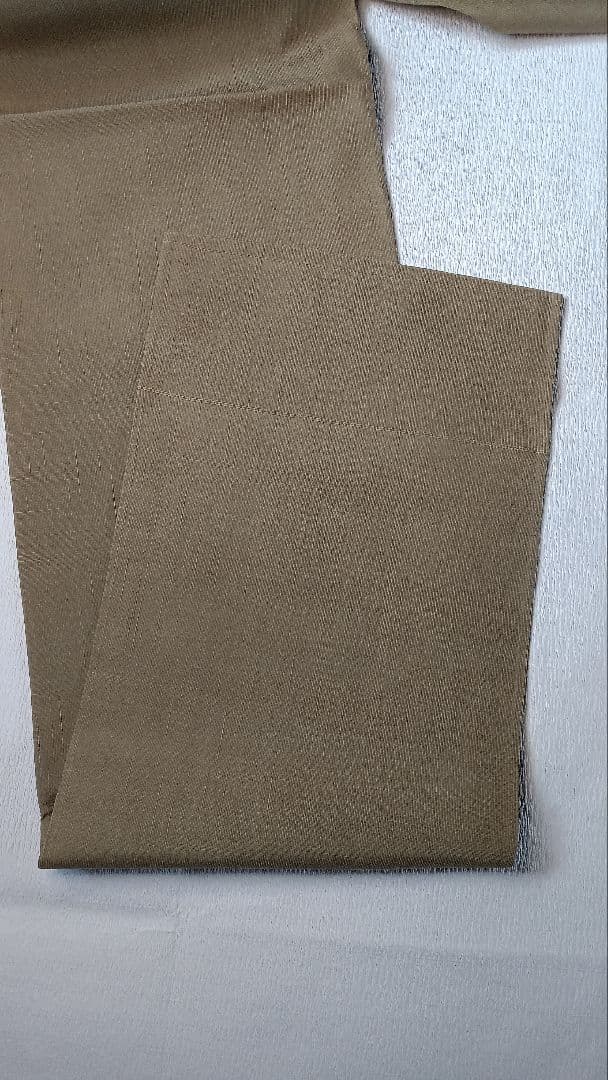 袋帯　スワトウ刺繍　紬地　正倉院花唐草文様　モスグリーン無地