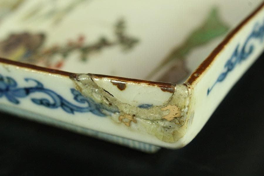 古九谷 四方 皿 六客 時代物(K-XA844)