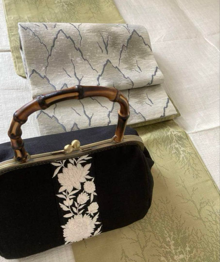 ❤️着物お出かけバンブーbag 気品溢れる大人Black 豪華刺繍上質リネン仕様