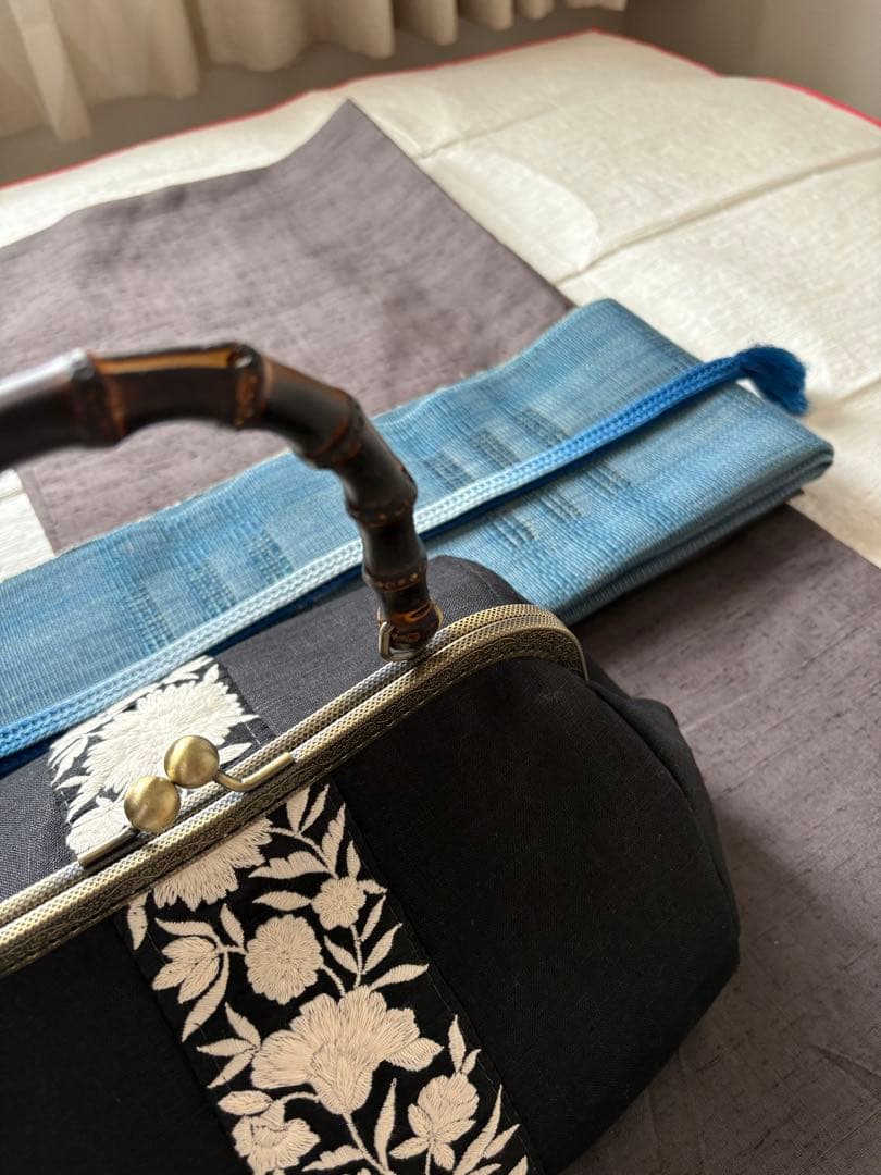 ❤️着物お出かけバンブーbag 気品溢れる大人Black 豪華刺繍上質リネン仕様