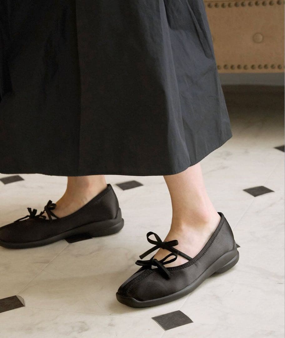 LE TALON ルタロン ダブルリボン バレリーナ シューズ ブラック