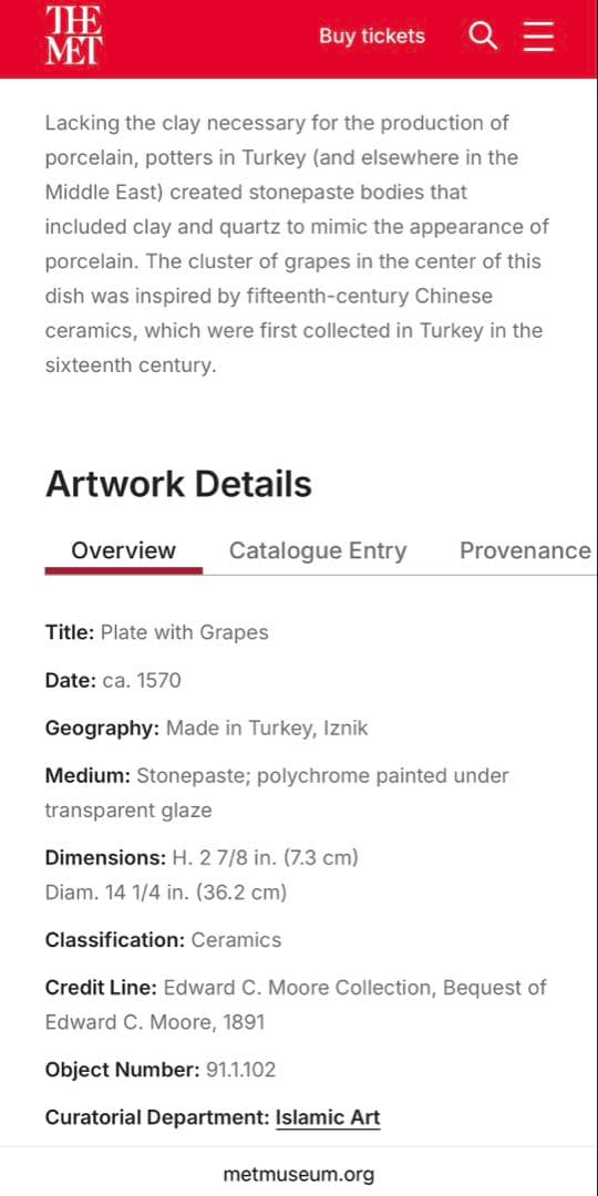 メトロポリタン美術館　直径36cm 飾り皿　大皿 トルコ製　MMA
