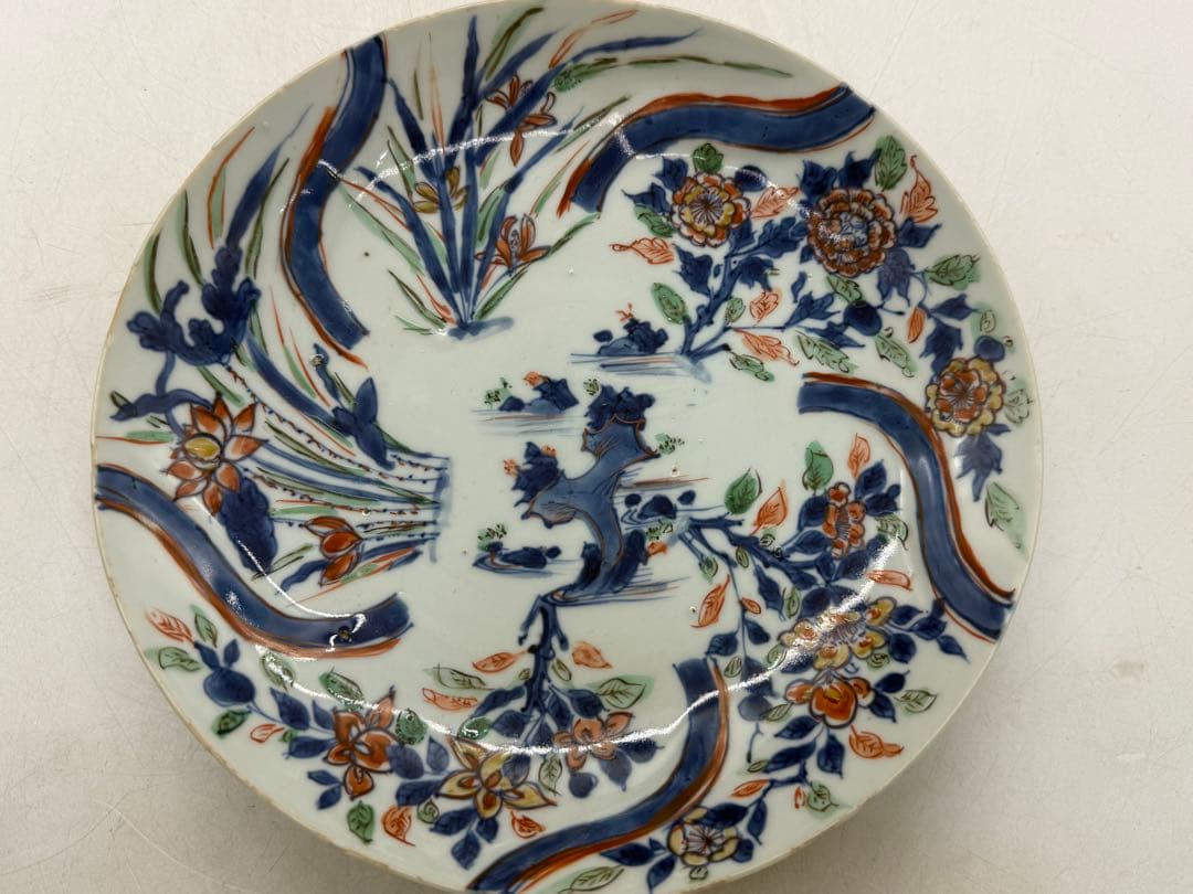 中国　明時代　南京赤絵草花捻文皿　青華五彩　共箱　アンティーク　送料込み1219