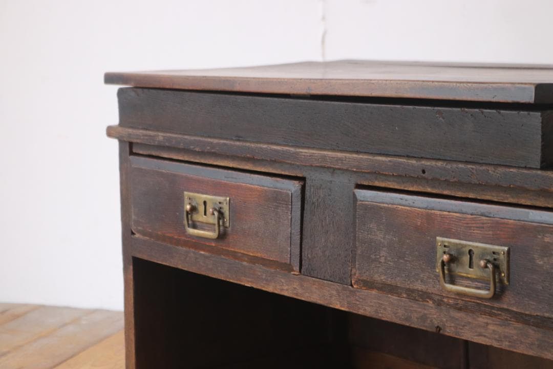 レトロ 文机 ローテーブル 座卓 帳場机 跳ね上げ天板 無垢材 引き出し 2杯