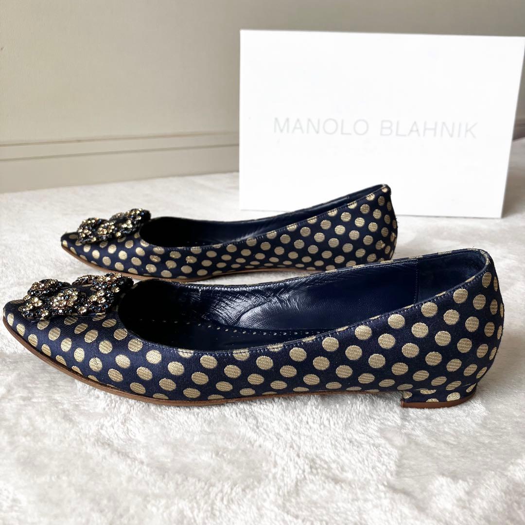 ★美品★マノロブラニク　パンプス　バレエフラット　ハンギシ　ドット　サテン　37