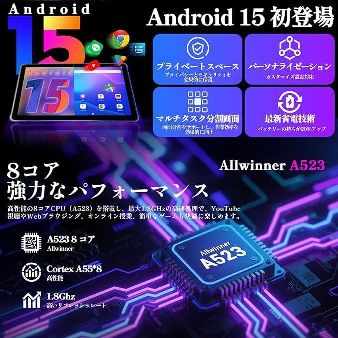 Android15 タブレット 10インチ wi-fiモデル 8コアCPU