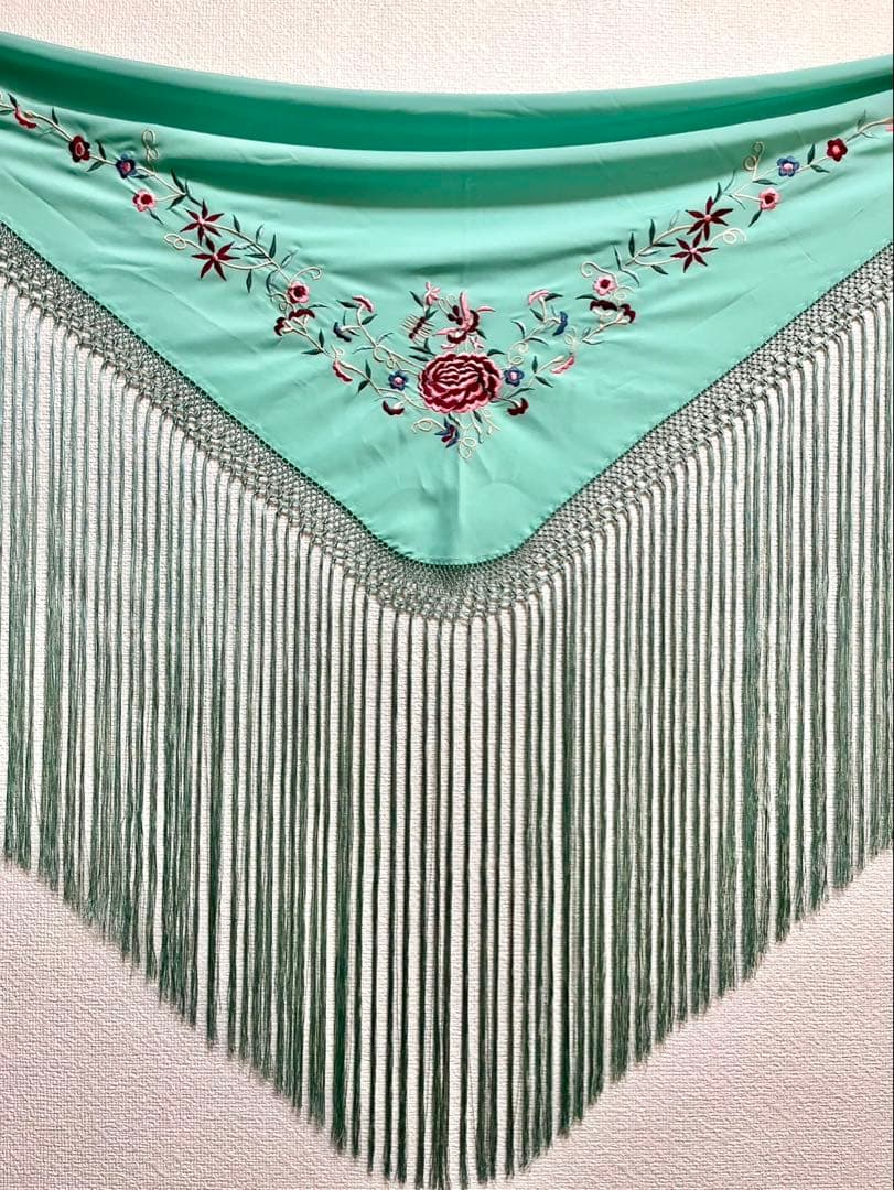 フラメンコ　刺繍シージョ　ミントグリーンxマルチカラー刺繍　ロングフレコ　シルク