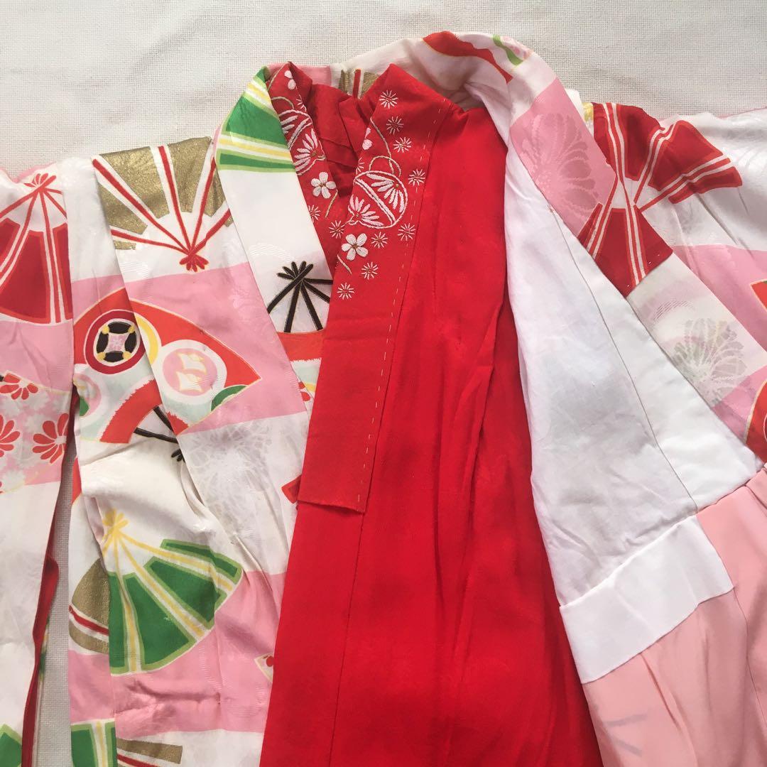 アンティーク着物　扇　古典　ピンク系　きもの帯他小物付き