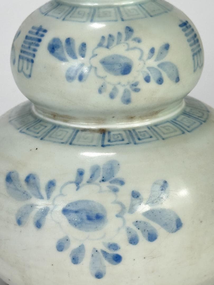 韓国美術　李朝時代　白磁　染付 青花　寿字文　花卉文　瓢箪瓶　花瓶 朝鮮古陶磁