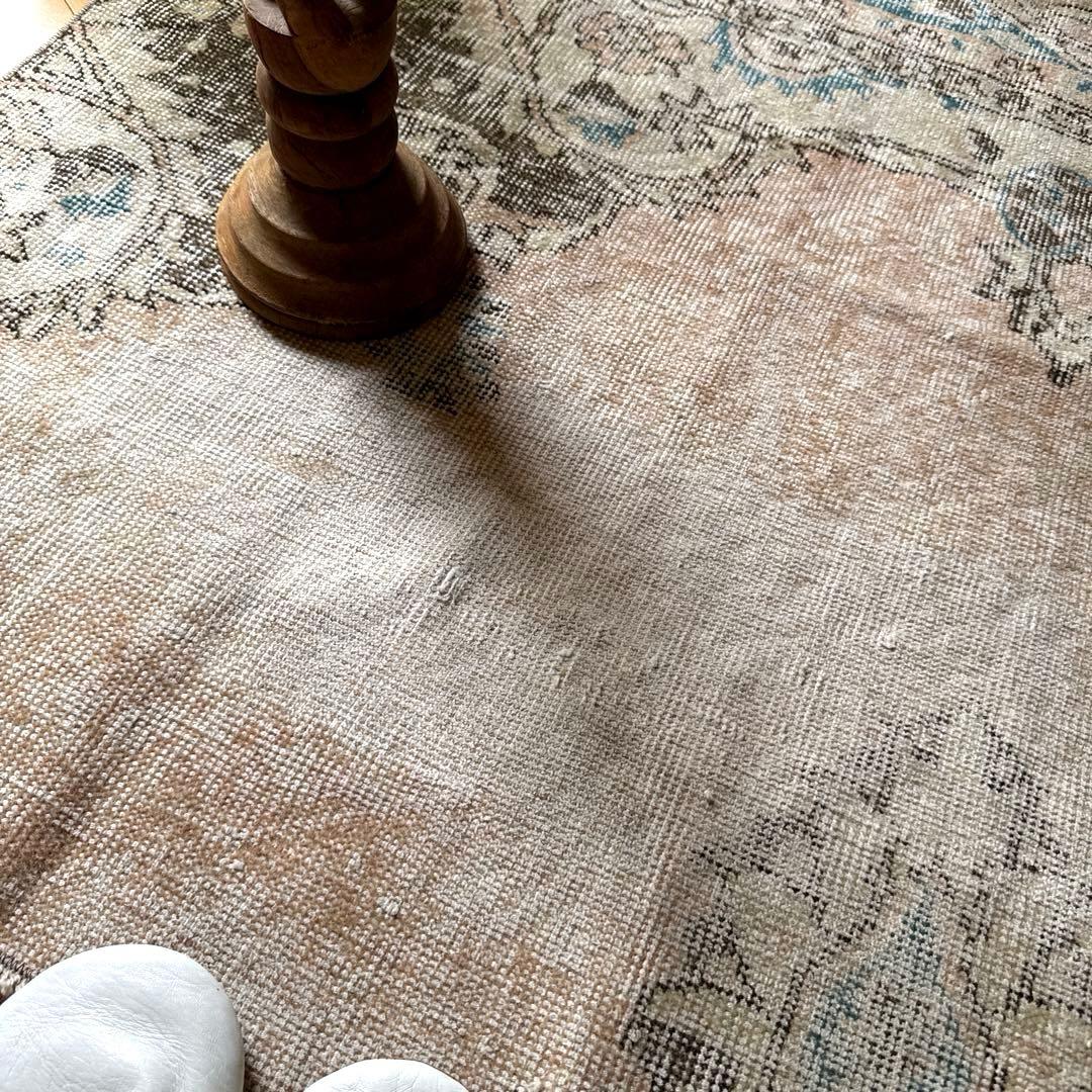 106×141 ターコイズブルー×ブラウン　淡いベージュ　トルコヴィンテージラグ