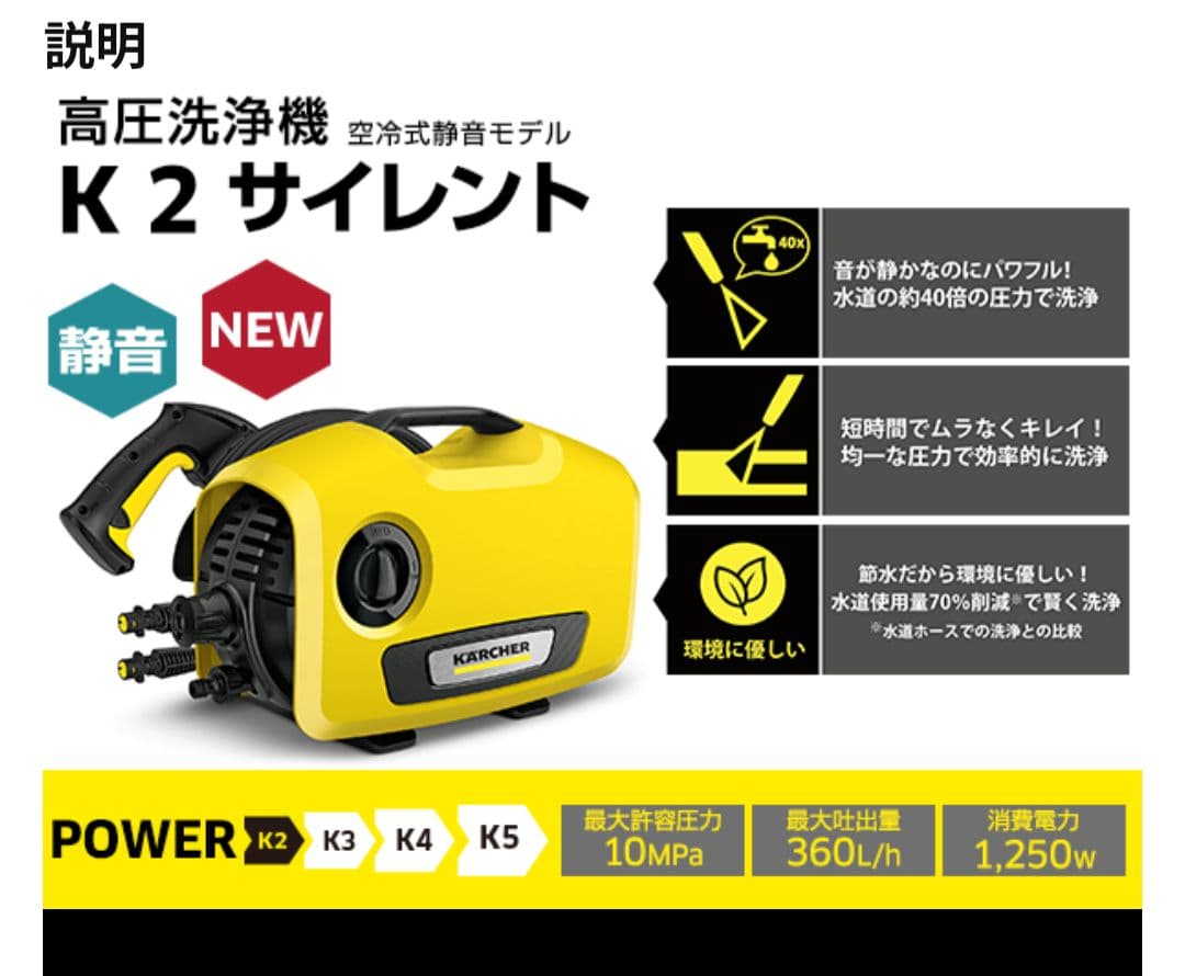 Kärcher ケルヒャー K2 サイレント 高圧洗浄機 純正水道ホース付き