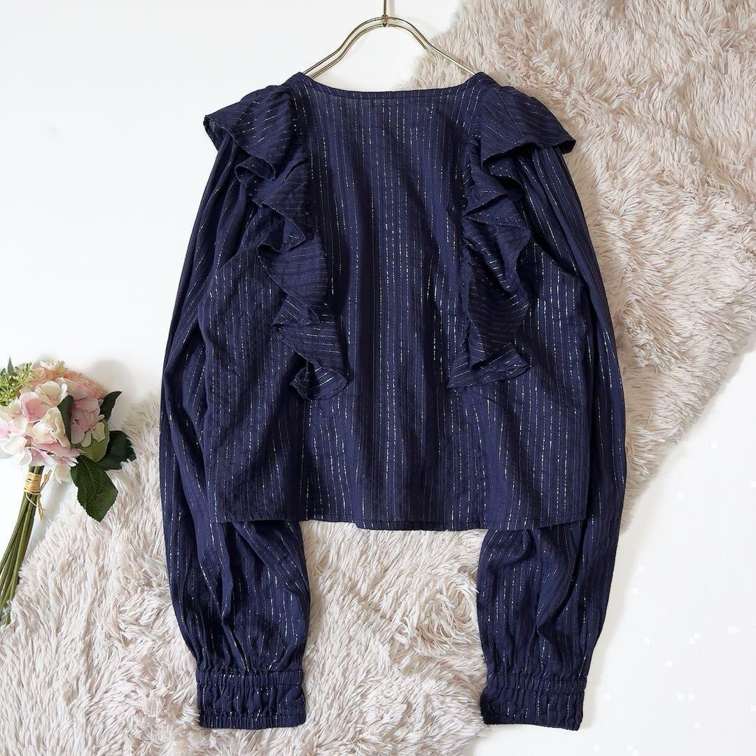 未使用級ꕥサラマリカ 2025 今季 コットンストライプジャガードフリルブラウス