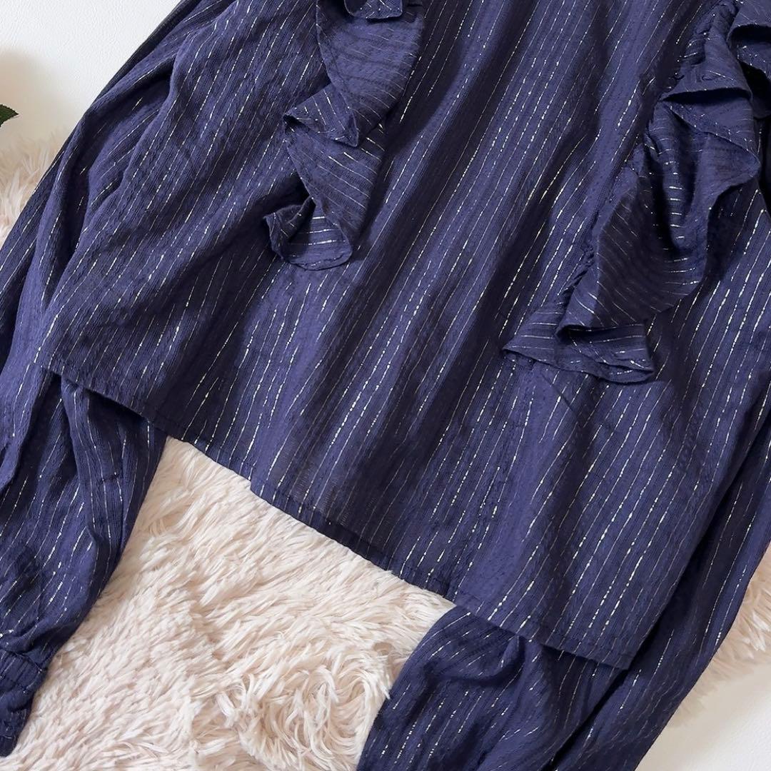 未使用級ꕥサラマリカ 2025 今季 コットンストライプジャガードフリルブラウス