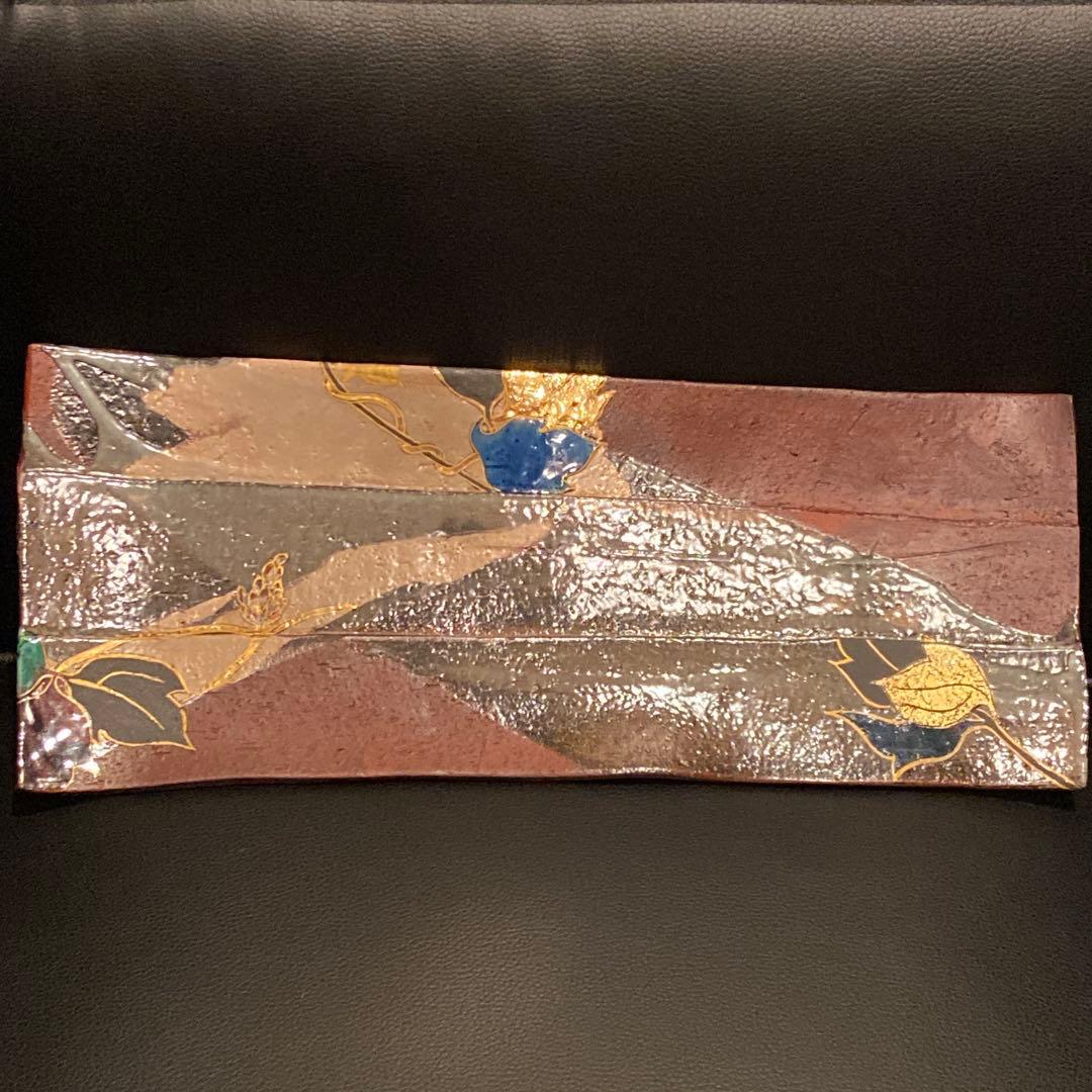 梅山窯 中村卓夫 象嵌色絵 長皿 盛皿 作家もの 共箱 共布 九谷焼 陶器 陶板