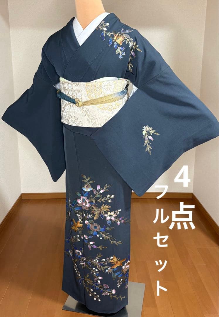 4点フルセット　正絹訪問着　袋帯　帯揚げ　帯締め