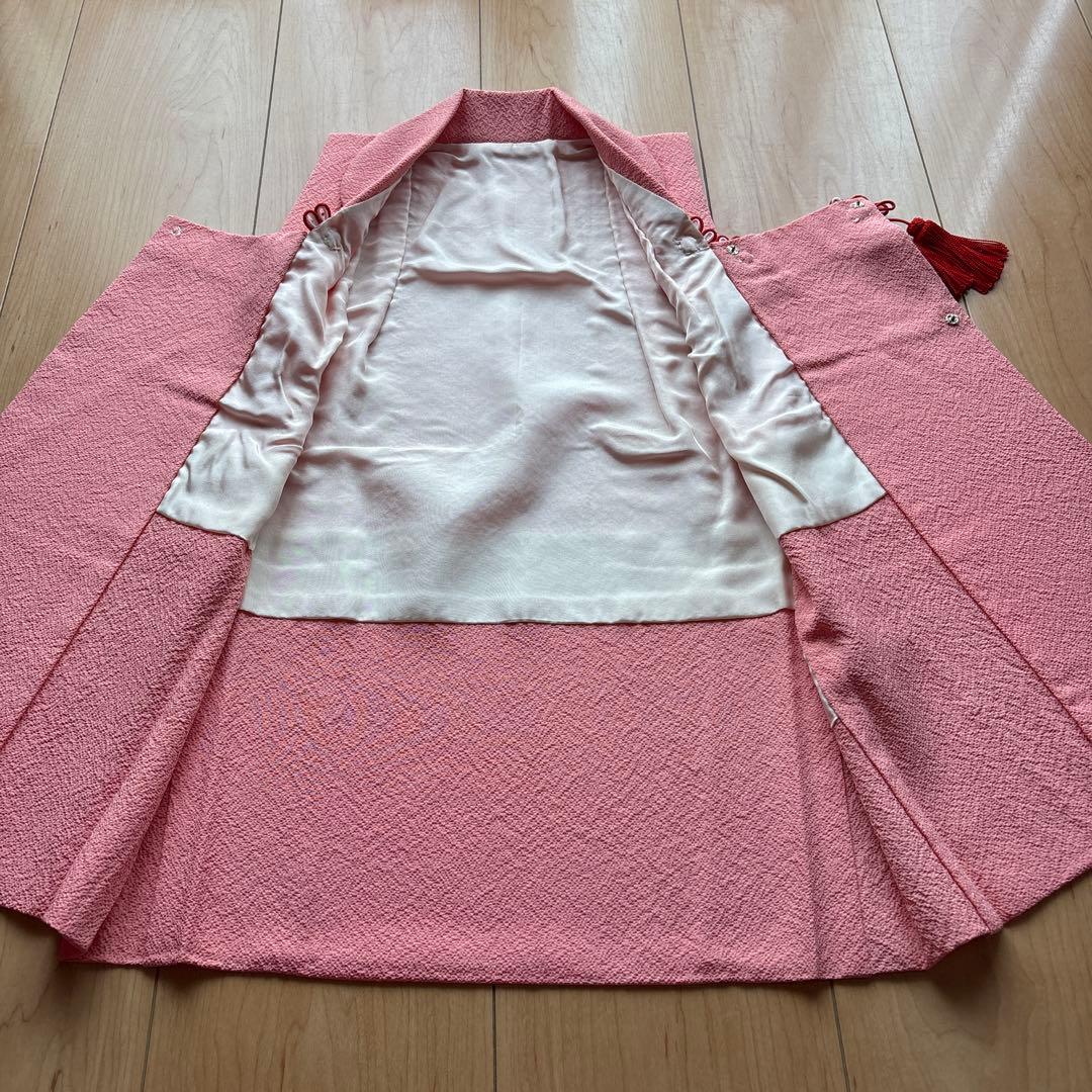 60 正絹？　真紅×小花柄　七五三着物セット　被布　3歳　日本製