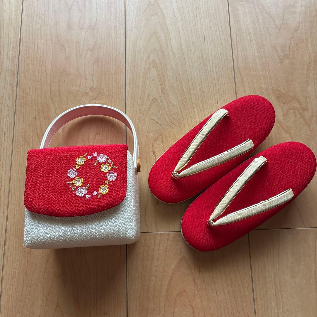 60 正絹？　真紅×小花柄　七五三着物セット　被布　3歳　日本製