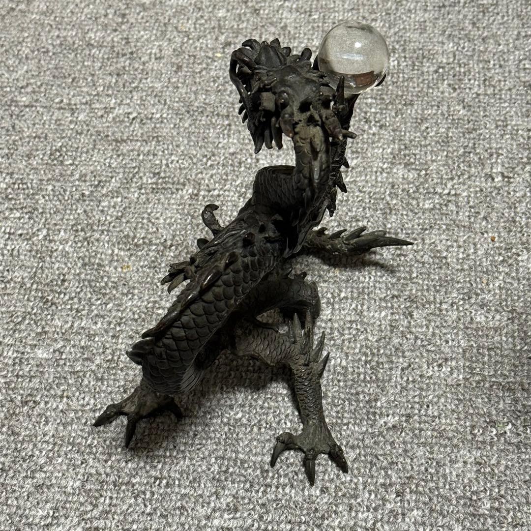 時代金工美術 銘あり 龍 水晶玉付 置物 床置