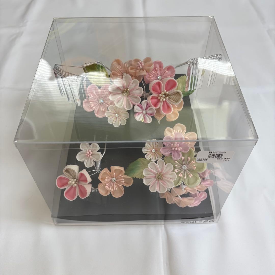 七五三 髪飾り 勝山かんざし 桜色 緑 7歳 つまみ細工