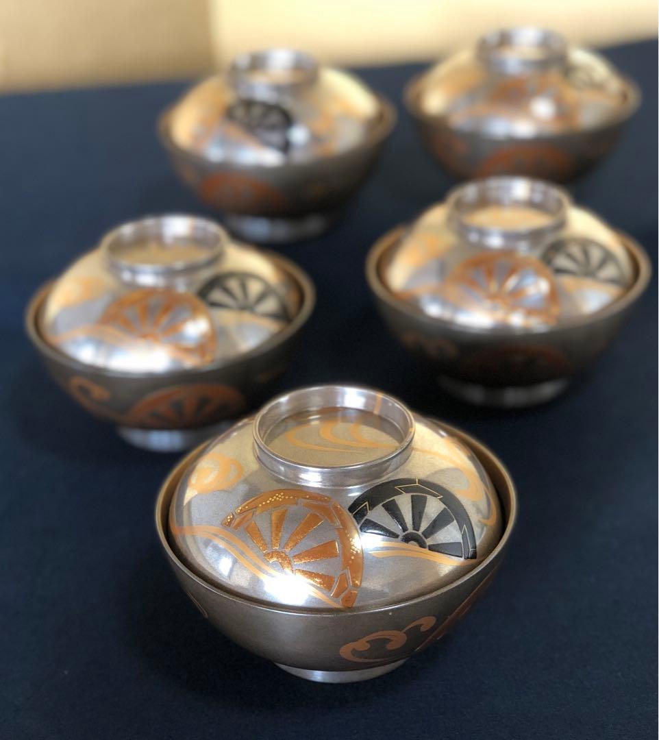 《R》輪島塗 銀地源氏車蒔絵 煮物椀5客 木製漆器 木箱 251204お3