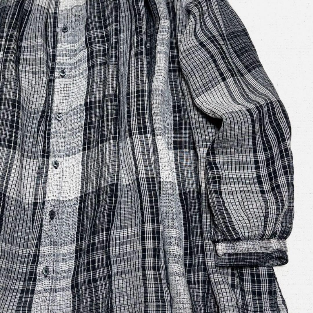 イチアンティークス　リネンギャザーブラウス　ワイド　バンドカラー　洗える　日本製