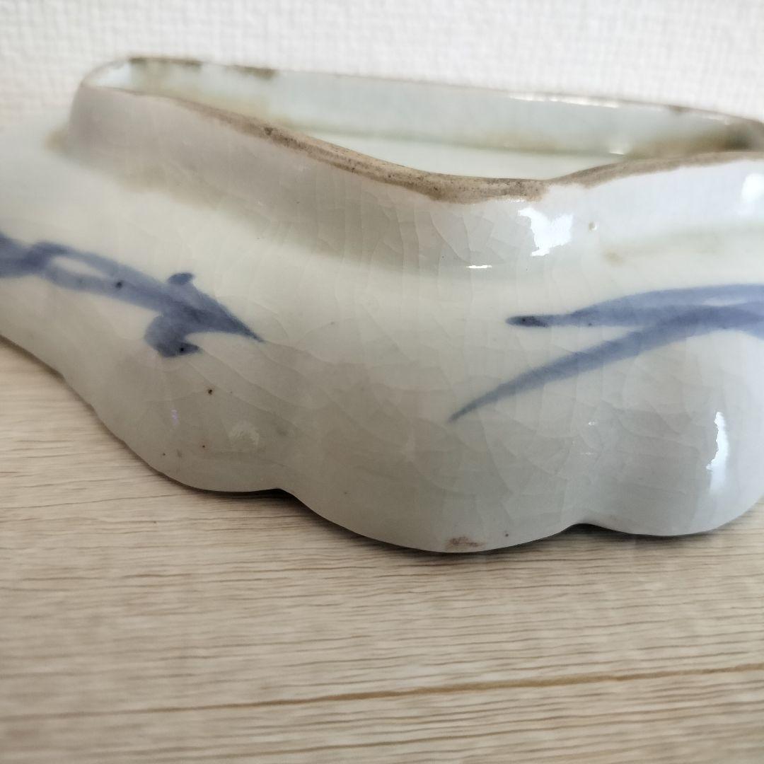 お値下げしました、古伊万里　染付　富士山型　コンニャク印判　三保松原図　小皿