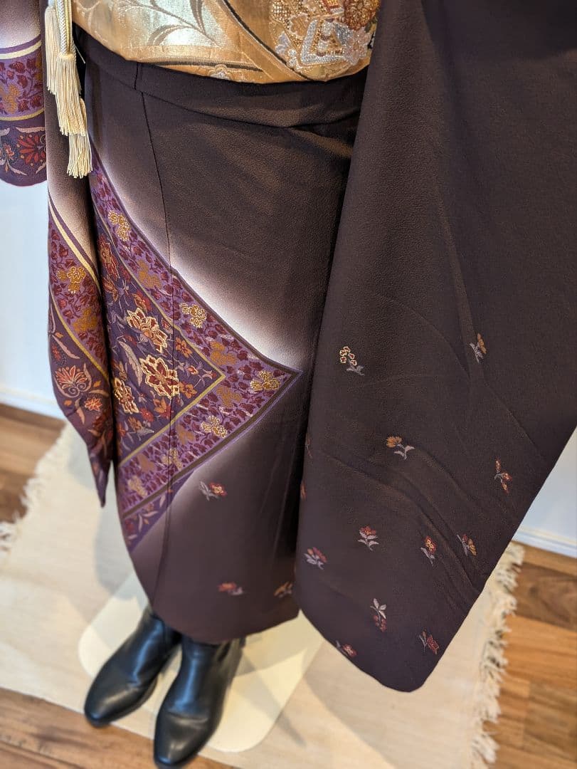 振袖フルセット 身丈168.5裄69.5 更紗 焦げ茶 ブラウン 金彩 成人式