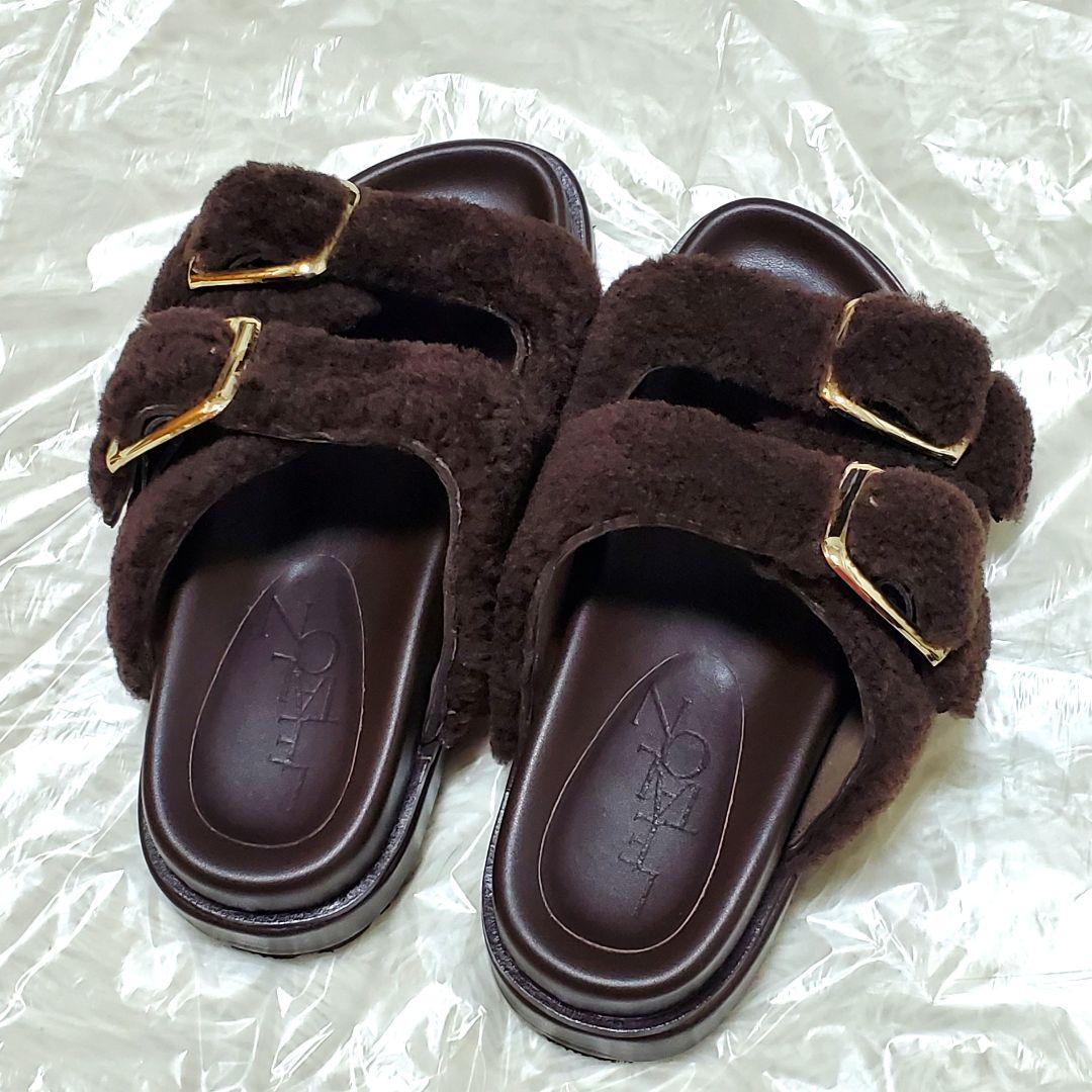 ■LE TALON レザー ボアベルト サンダル ブラウン S 美品