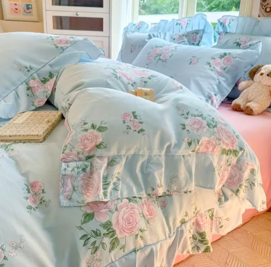 最終価格新品★綿100%ピンク薔薇シングルフリル掛け布団カバー枕カバーシーツ4点
