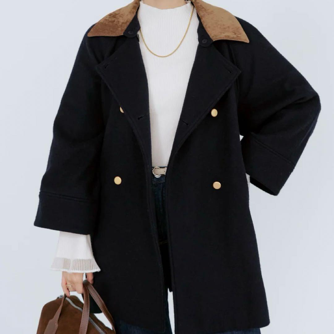 極美品✨COHINA 2wayカラーゴールドボタンミドルコート　ネイビー