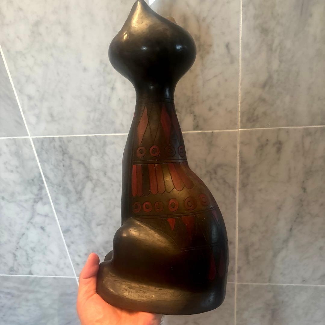 メキシコビンテージ　タトゥーのような美しい幾何学模様の猫陶器オブジェ