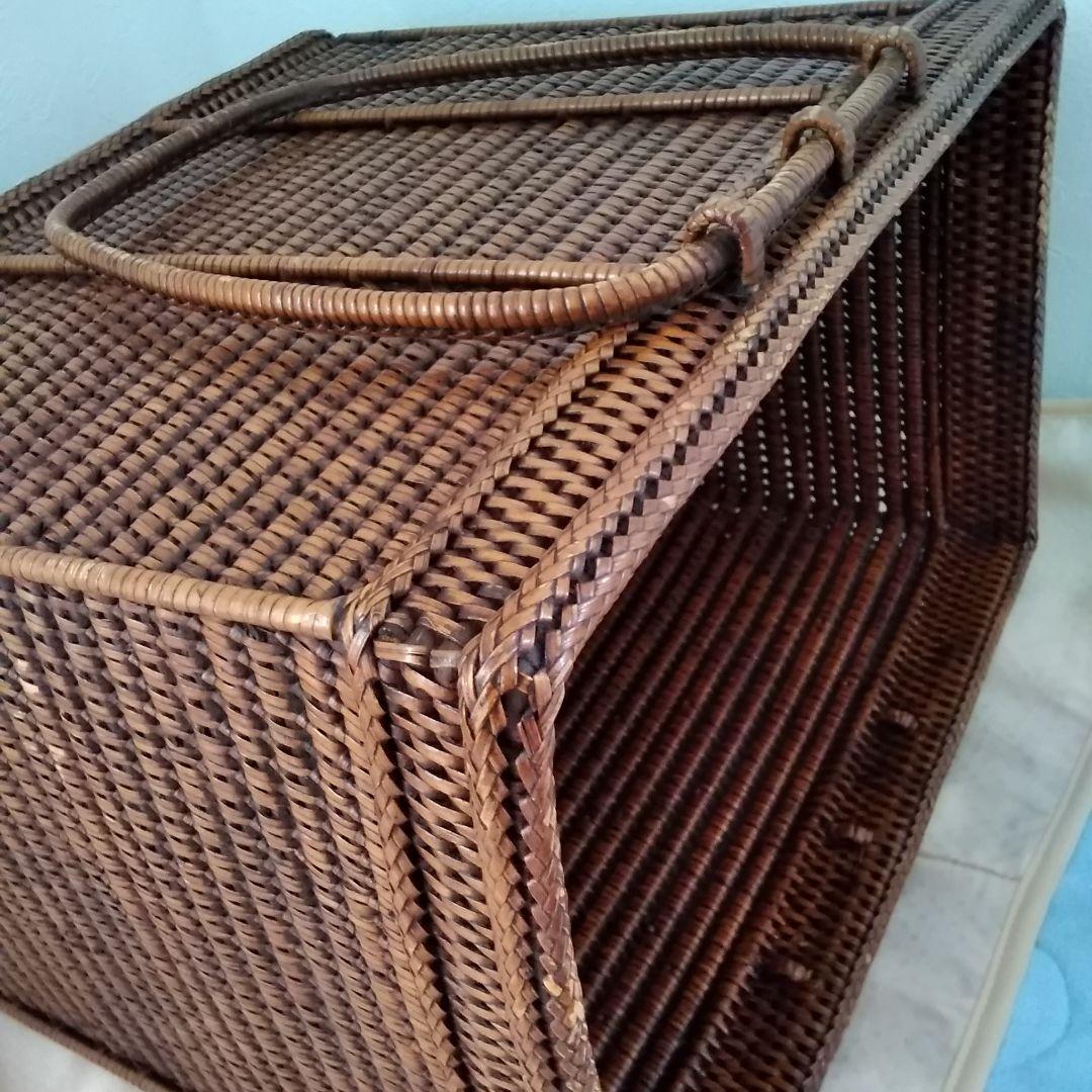年代不明！両ハンドルかご！籐籠竹籠 竹細工 竹編みカゴ 小物入れ！経年美品！